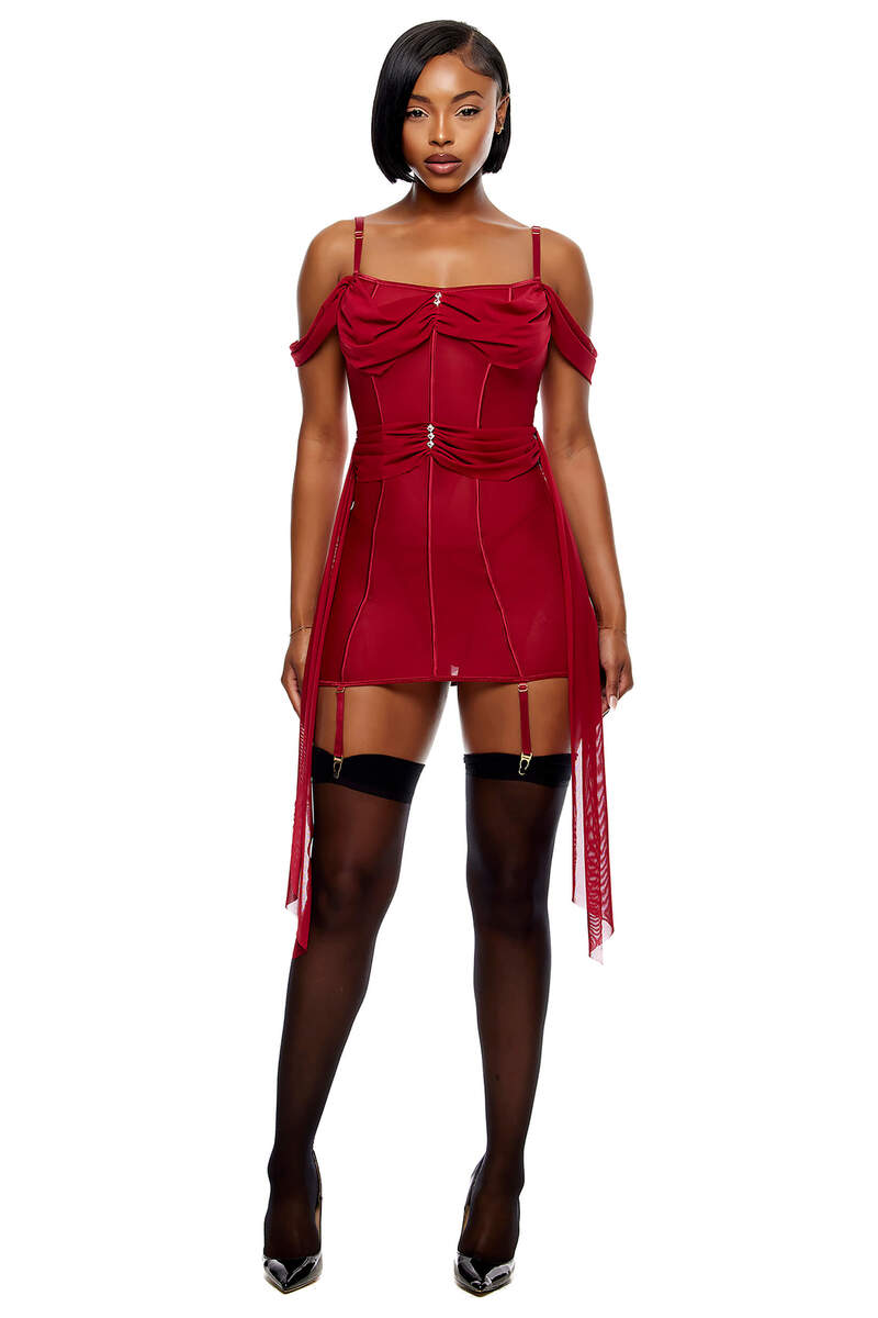 Princess Treatment Draped Mesh Chemise Lingerie Set Wine Front