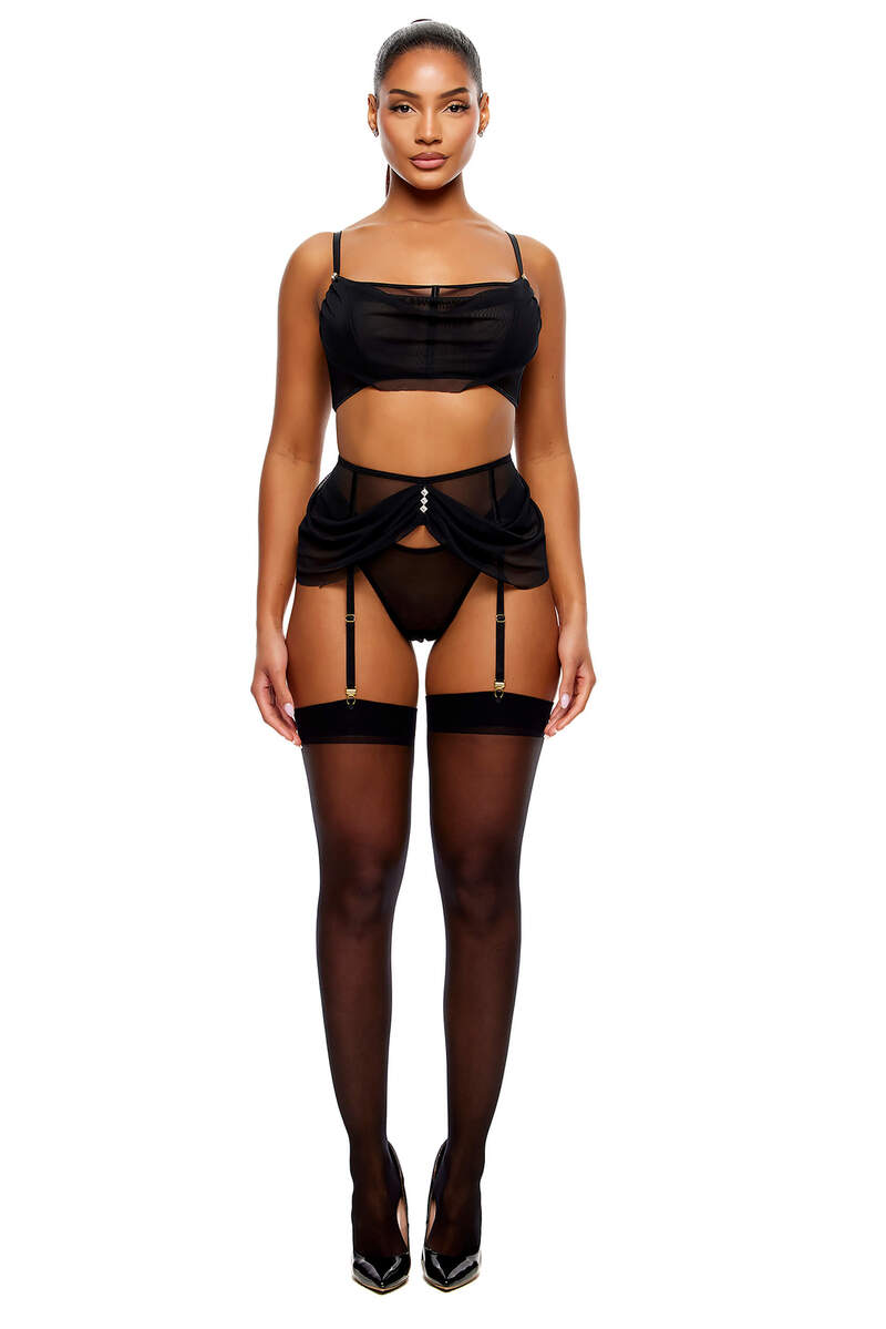 Princess Treatment Draped Mesh Bra & Garter Belt Lingerie Set Black Front