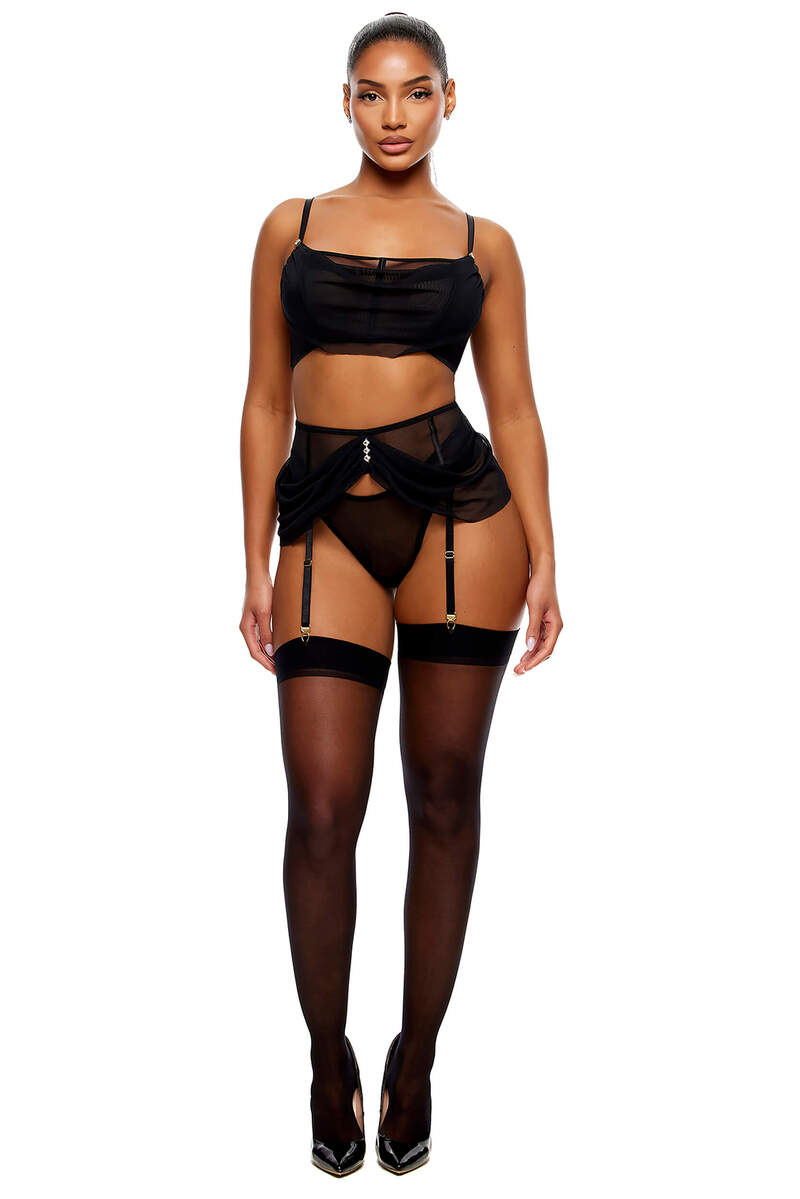 Princess Treatment Draped Mesh Bra & Garter Belt Lingerie Set Black Alternate