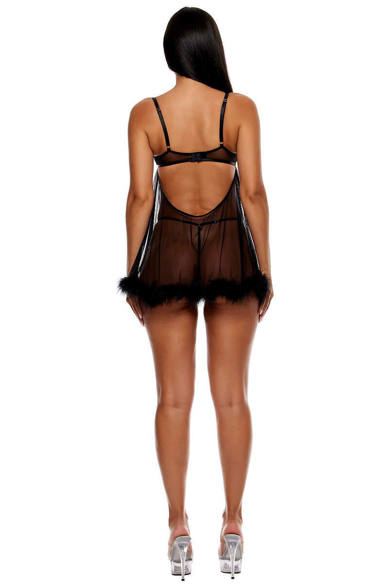 Bare it All Mesh Marabou Babydoll Black - Back