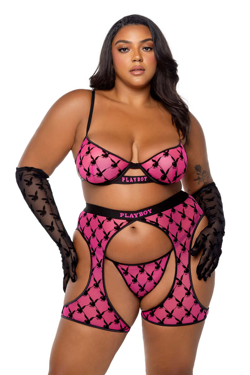 Plus Size Playboy Flocked Bunny Three-Piece Set