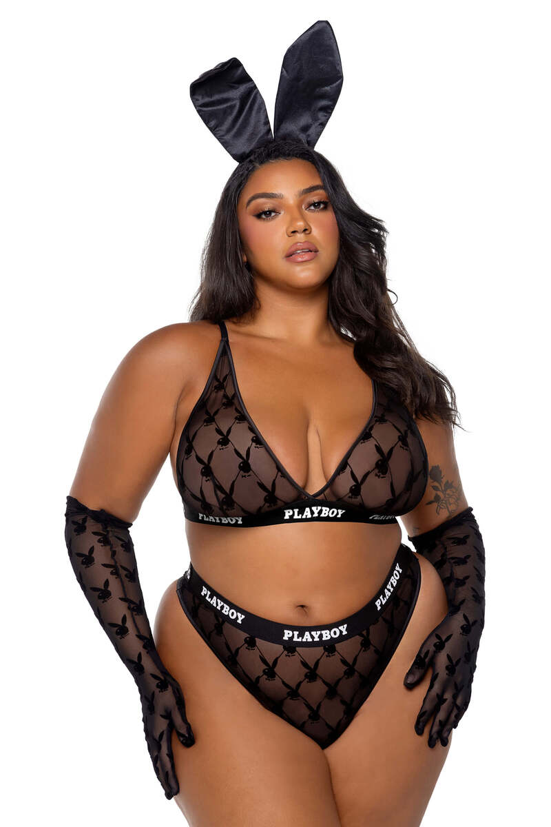 Plus Size Playboy Flocked Bunny Bralette Set