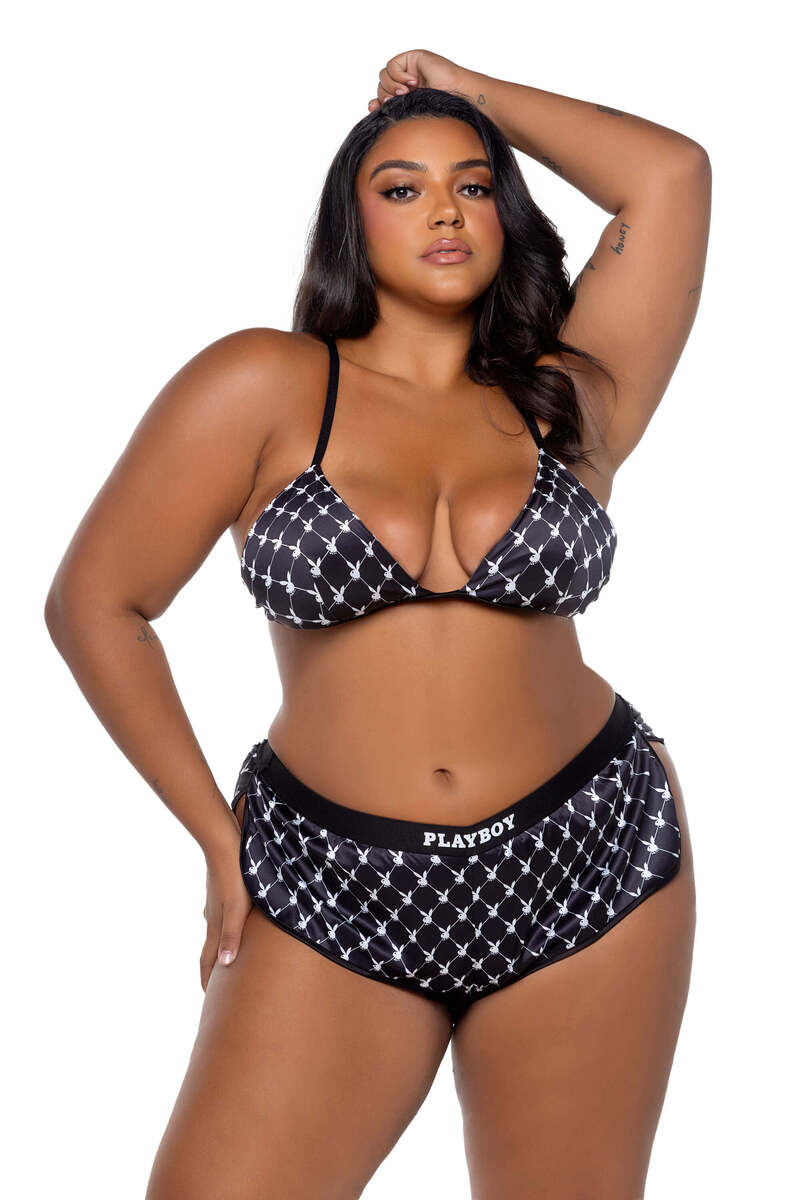 Playboy Bunny Satin Lounge Set Black White Front