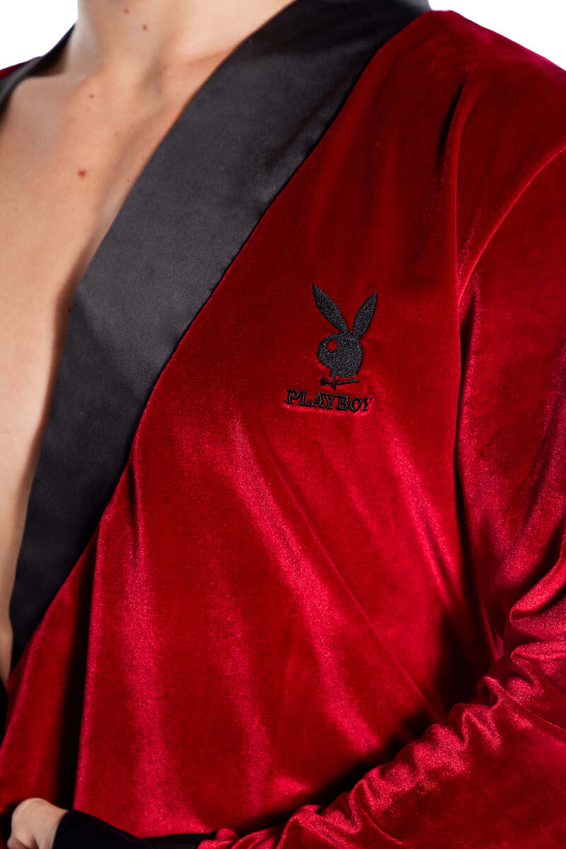 Playboy Men's Smoke Lounge Robe Red Front Detail