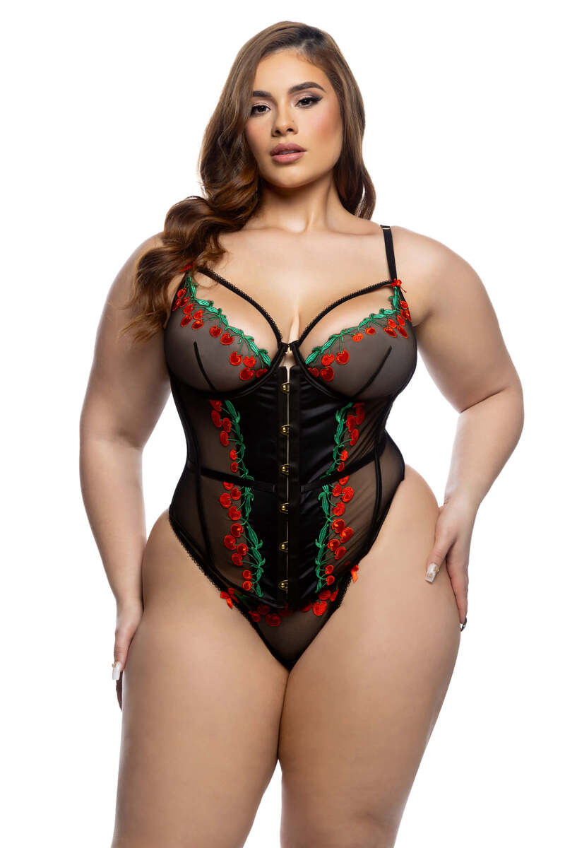 Plus Size Cherry Delight Corset Set Burgundy Front