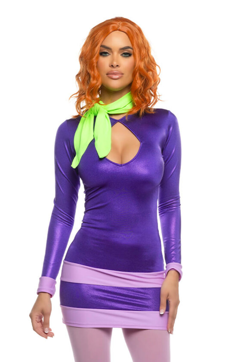 Mystery Diva Costume Purple Green Front Closeup