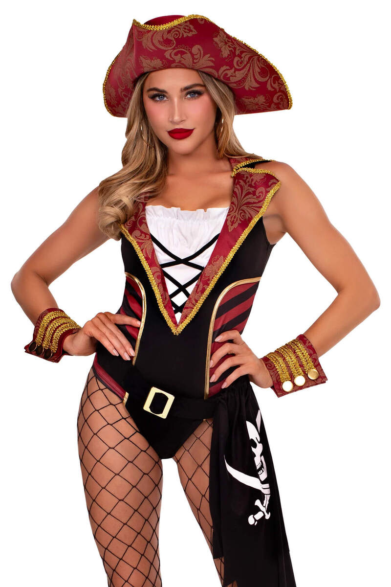 Sultry Swashbuckler Pirate Costume Red Black Front Closeup