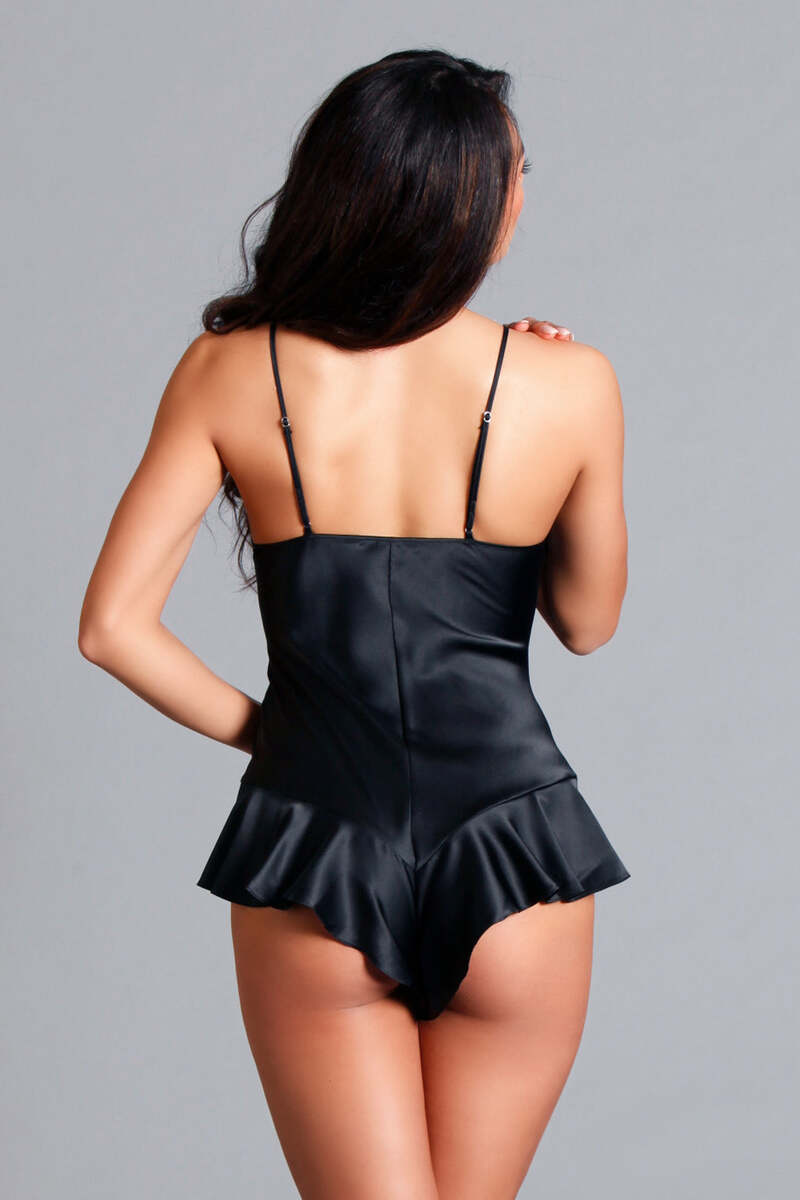Satin Ruffle Romper Black Front