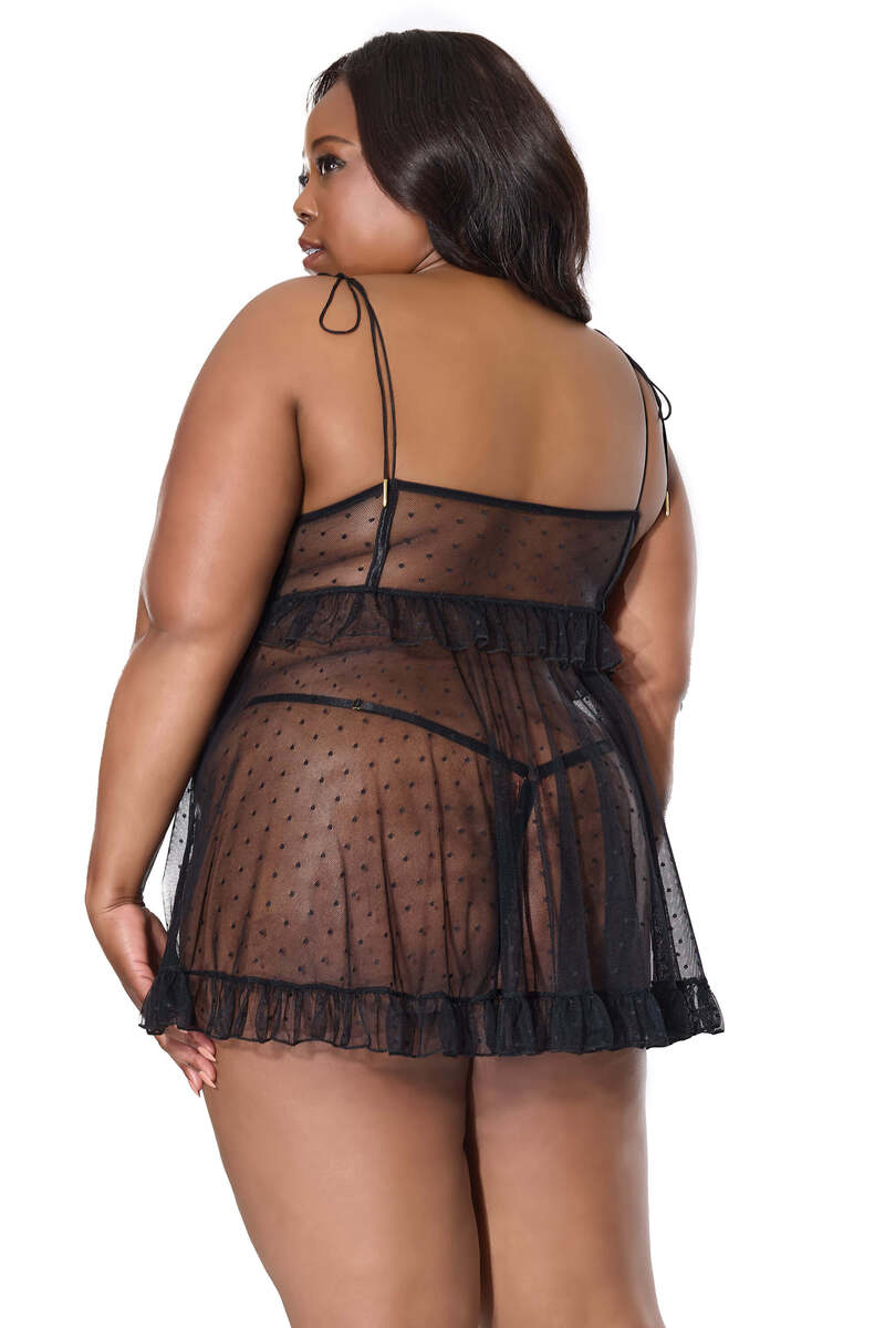 Dotted Sheer Ruffle Babydoll Plus Size Black Back