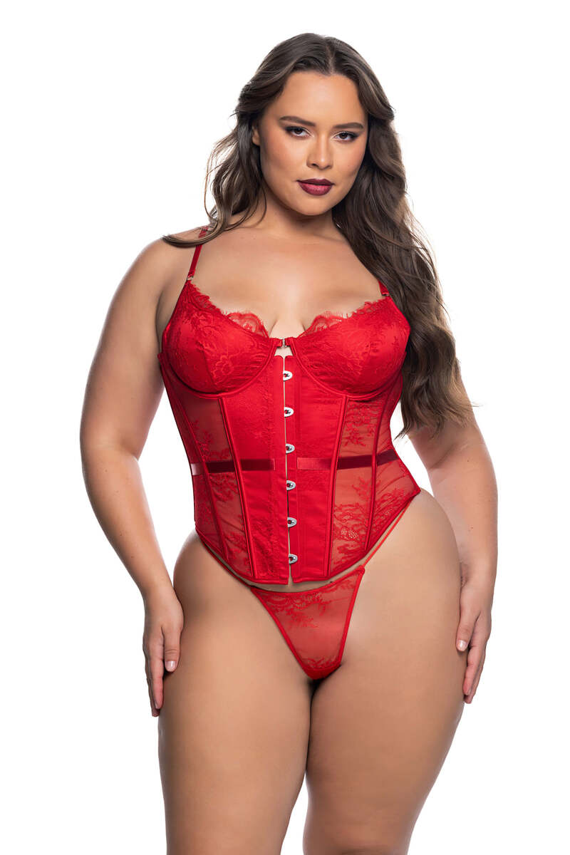 Plus Size Essentials Lace Corset Set Red Front