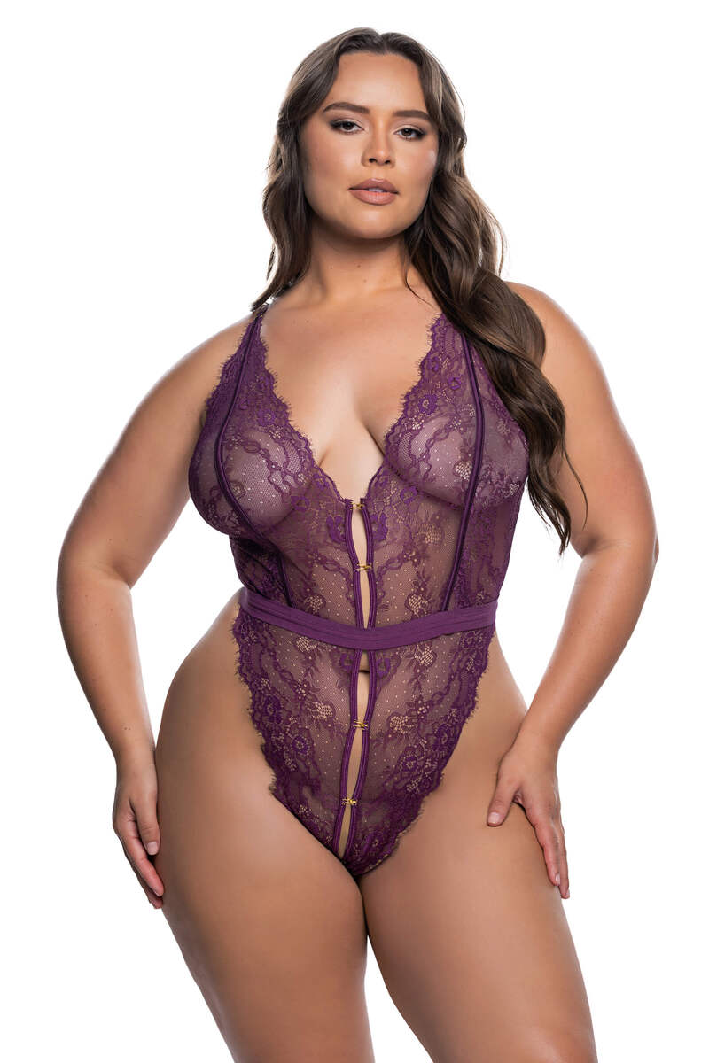 Plus Size Dark Whispers Lace Teddy Purple Front