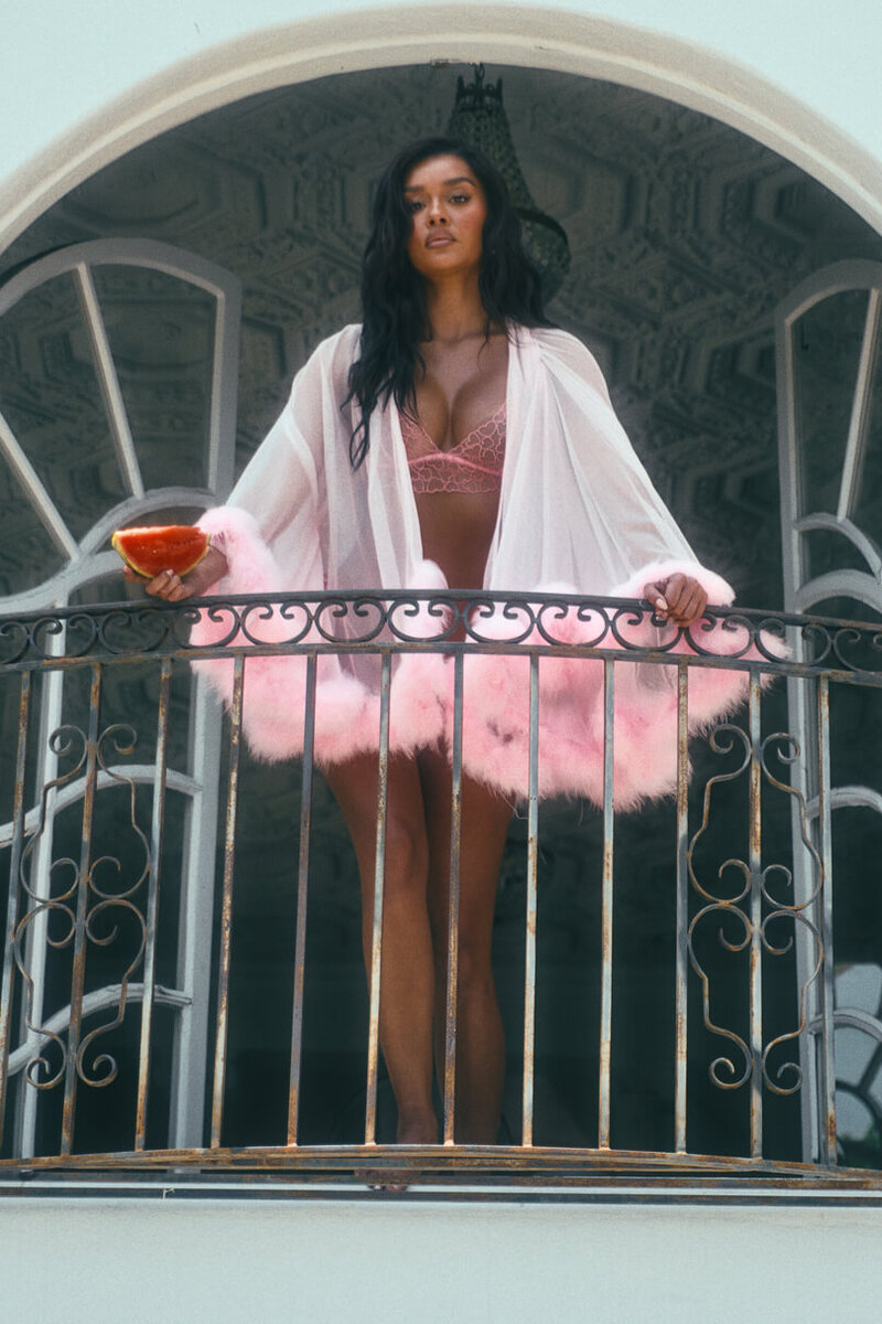 Blushing Beauty Lingerie Set Pink Front Lifestyle with Robe