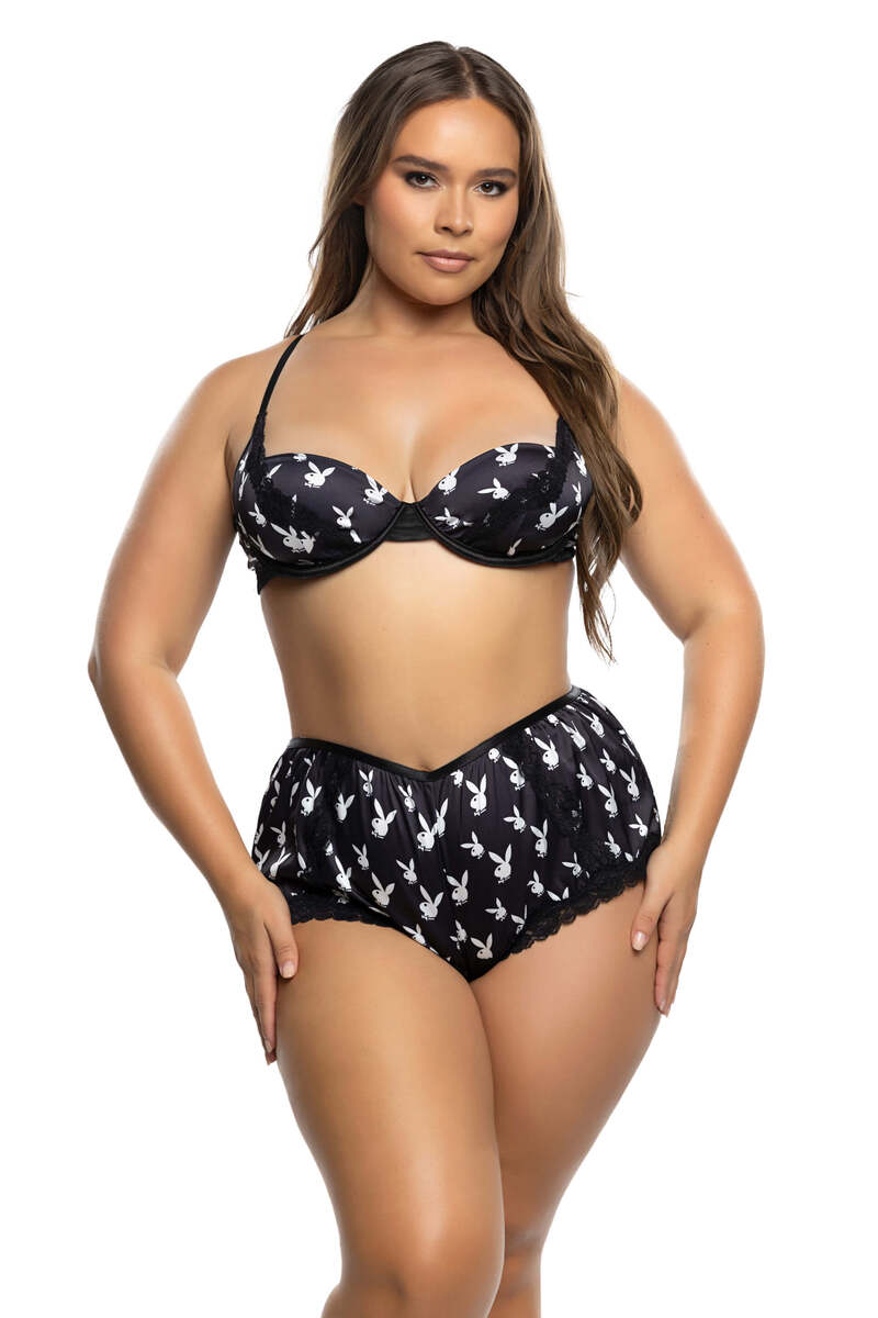Plus Size Lounge Bunny Bra & Short Set Black Front