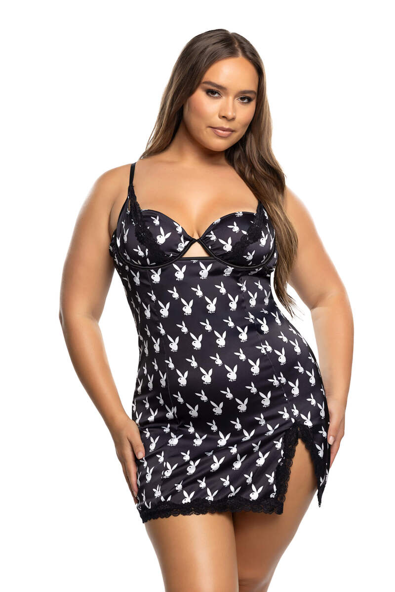 Plus Size Lounge Bunny Chemise Black Front