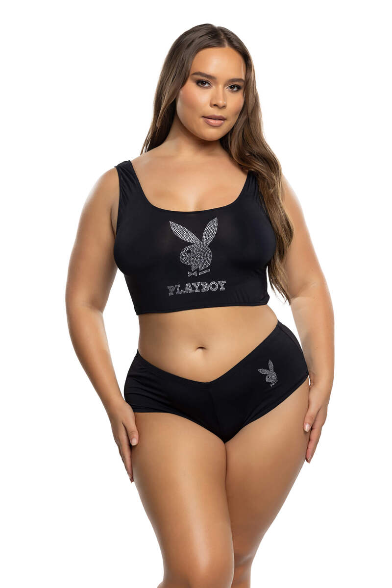 Plus Size Playboy Rhinestone Crop & Shorts Set Black Front