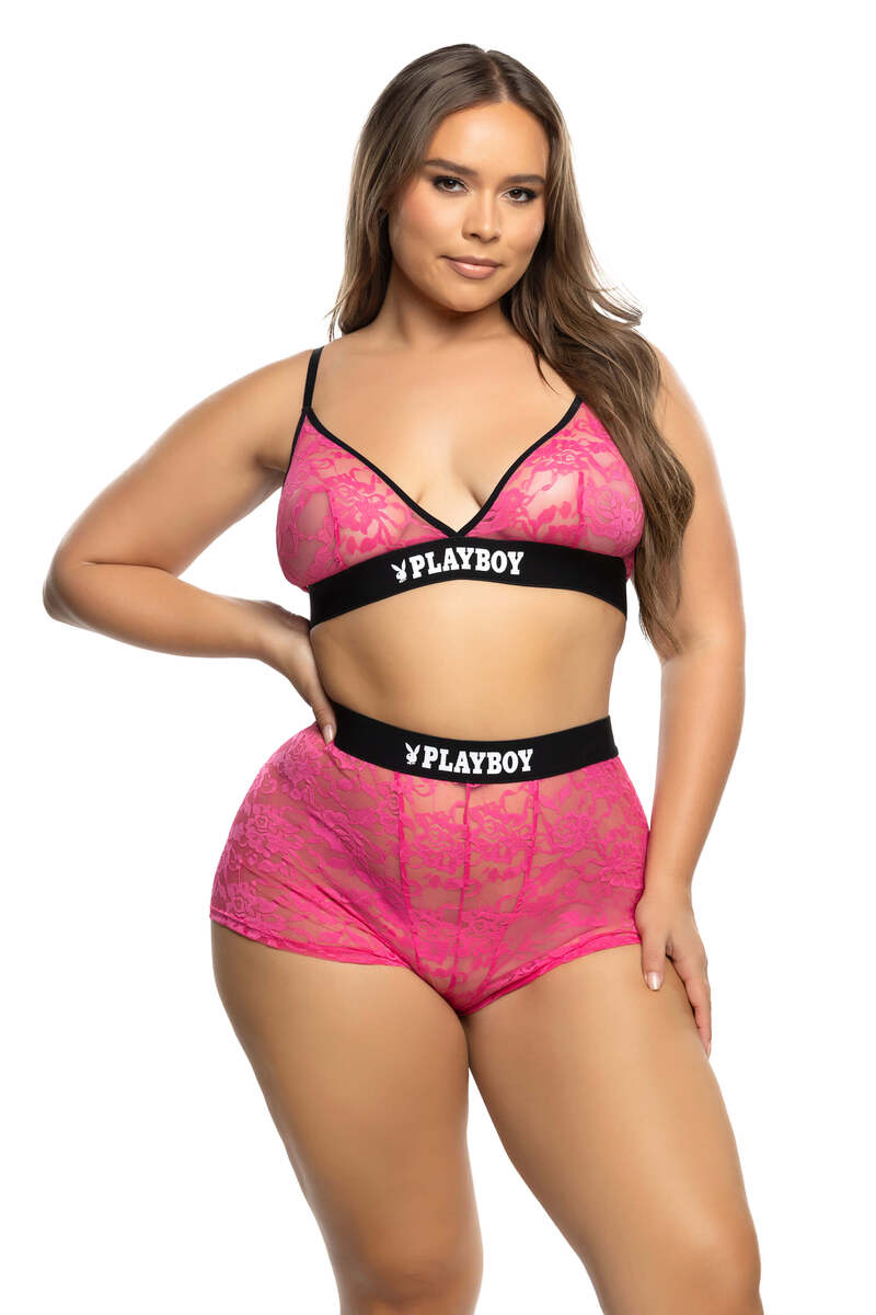 Plus Size Playboy Pink Lace Bra Set Hot Pink Black Front
