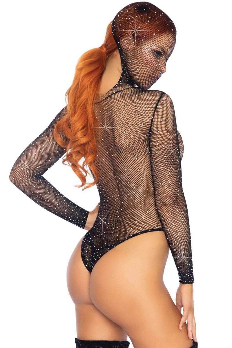 Rhinestone Hooded Fishnet Teddy