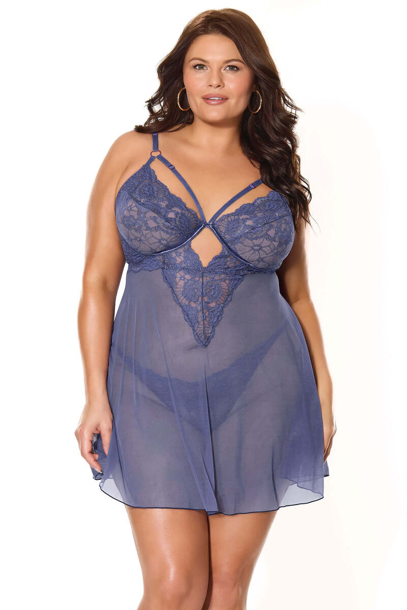 Twilight Babydoll & Thong Set Plus Size Navy Blue Front