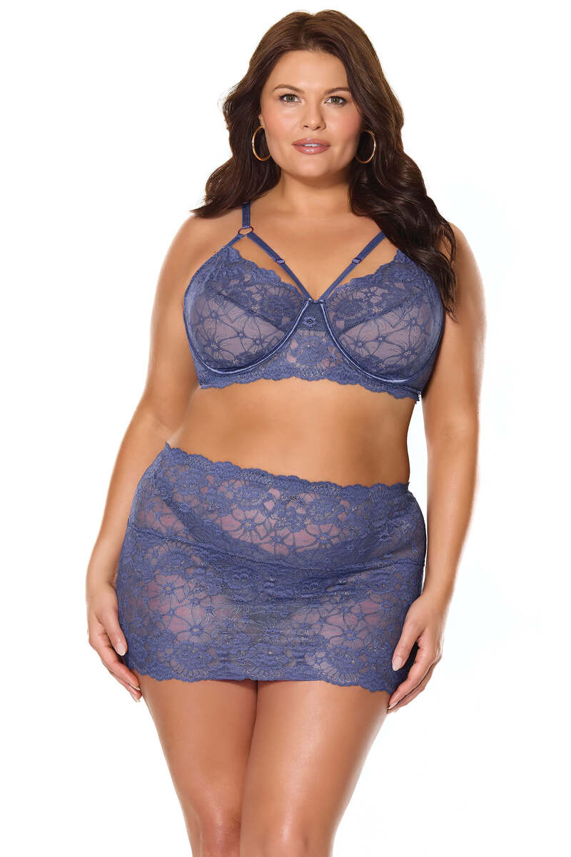 Twilight Fever Bra & Skirt Set Navy Blue Plus Size Front