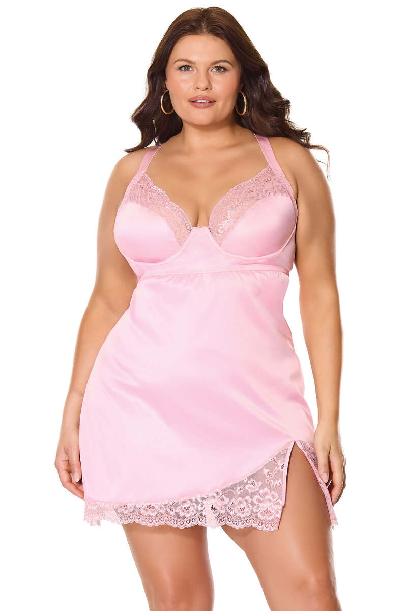 Kissed By Satin Chemise Plus Size Pink Front