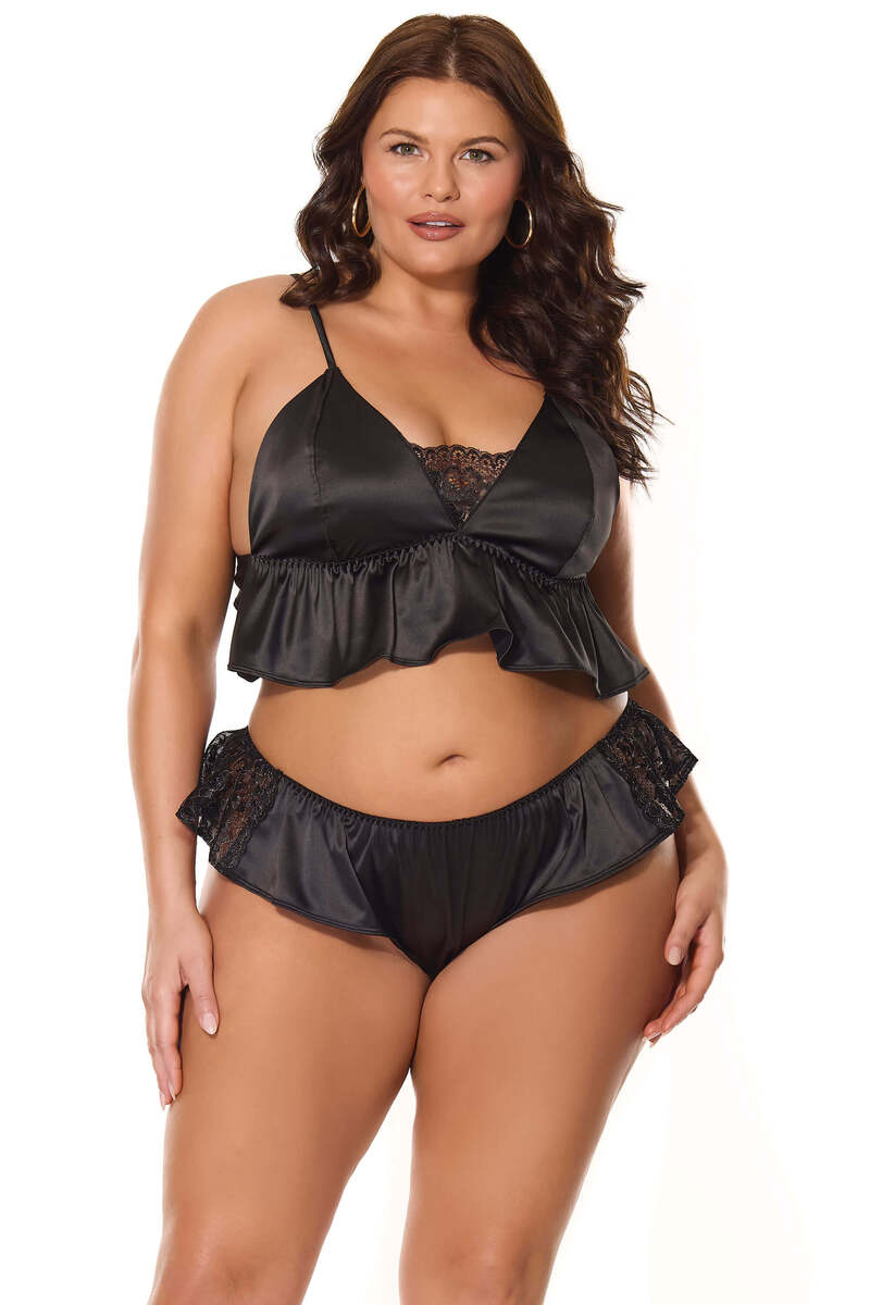 Kissed by Satin Bralette & Panty Set Plus Size Black Front