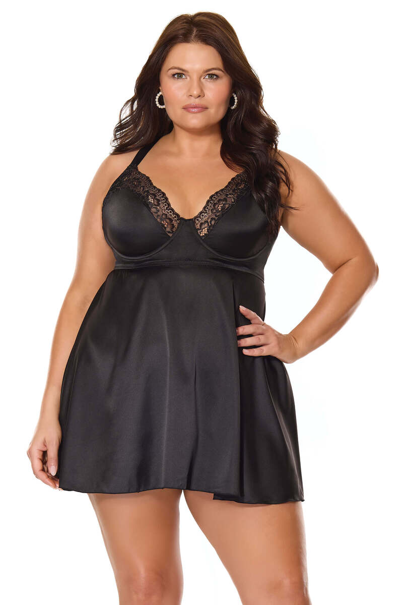 Satin Kiss Babydoll Plus Size Black Front