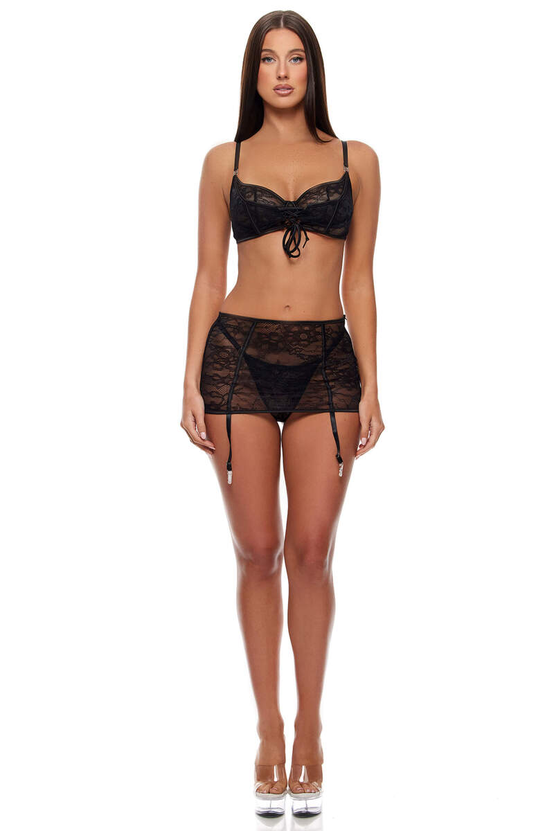Layer of Seduction Layered Lace Bra & Skirt Set Black Front