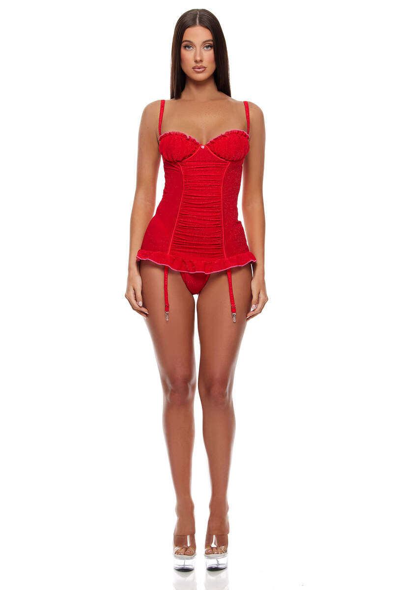 Shimmer Nights Ruched Chemise Lingerie Set Red Front