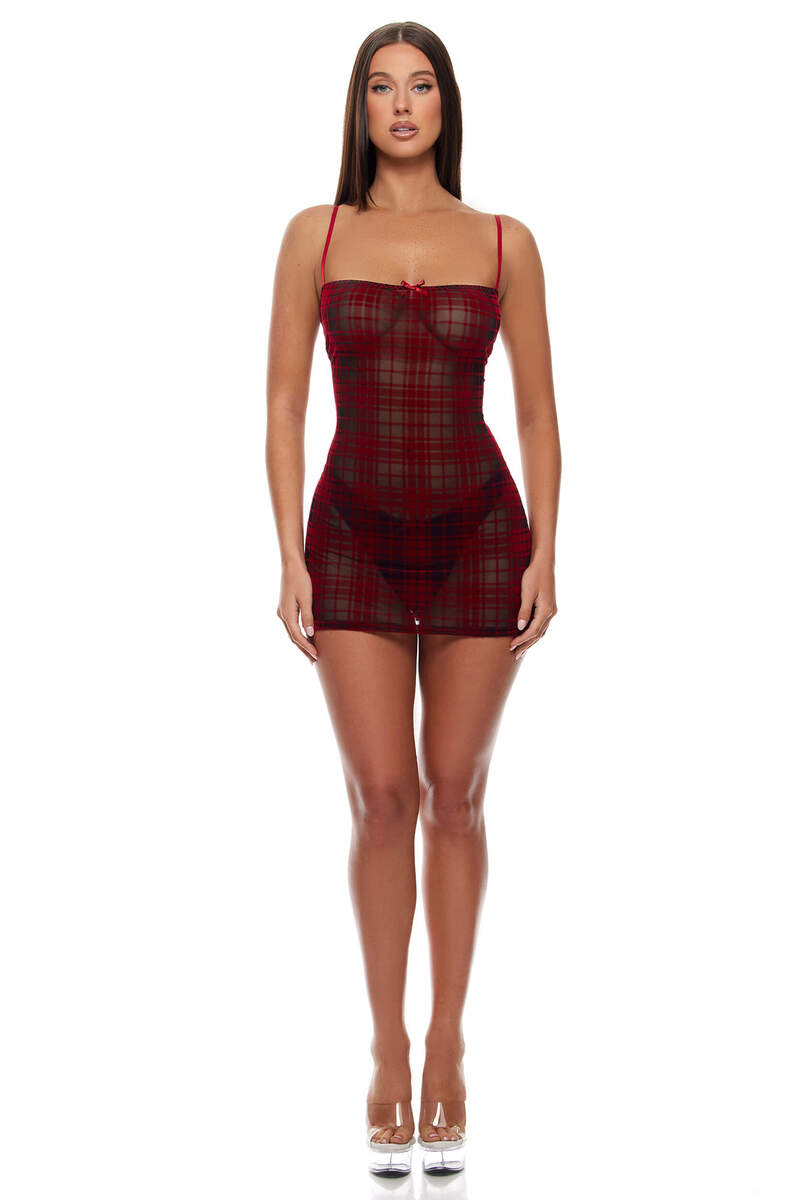 Velvet Lines Plaid Chemise Set Red Front