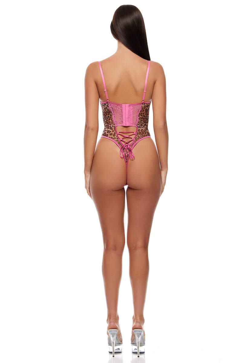 Animal Instincts Sheer Mesh Teddy Pink Leopard Back