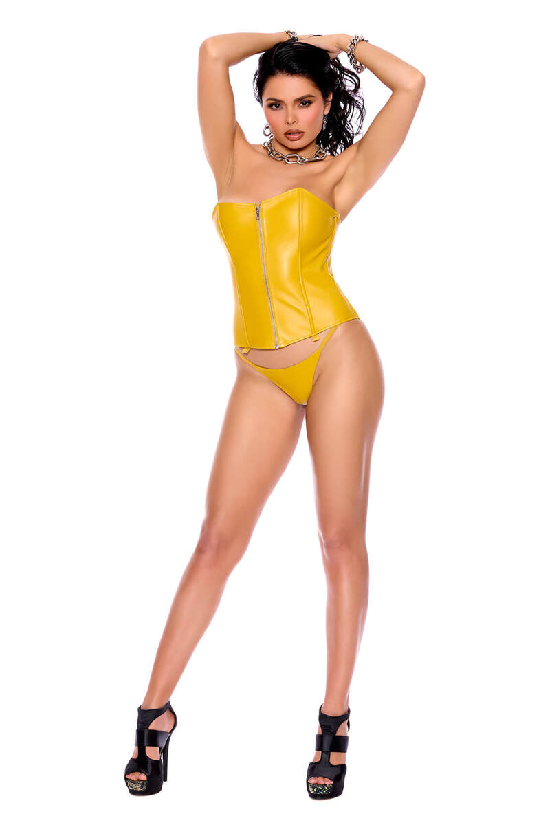 Zip-Front Leather Bustier with Garters Yellow Front