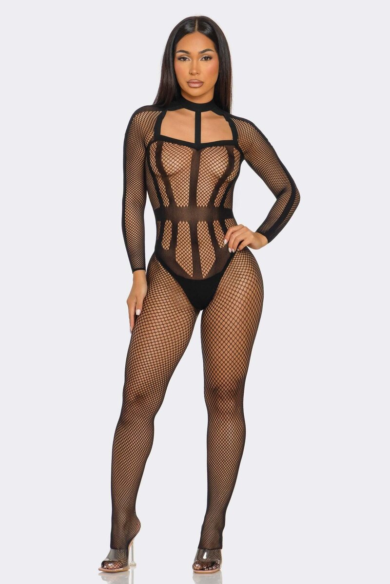 Hold On Tight Bodystocking Black Front Posing