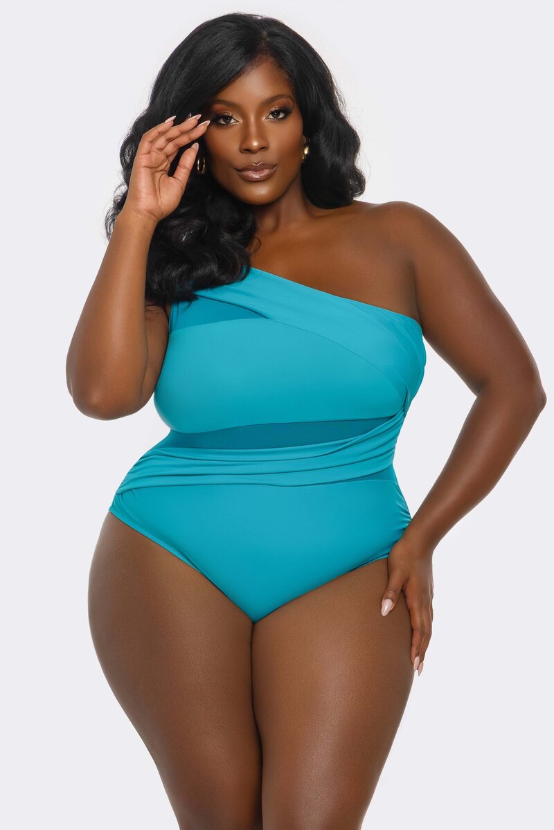 Jaqueline Swimsuit Teal Plus Size Front Closeup