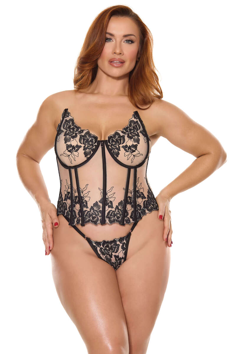 My Pleasure Bustier & Panty Set Black Plus Size Front