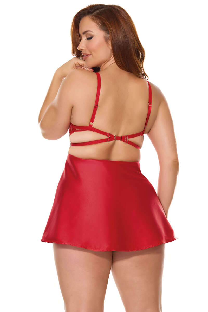 Lace Up Satin Babydoll Set Plus Size Red Back