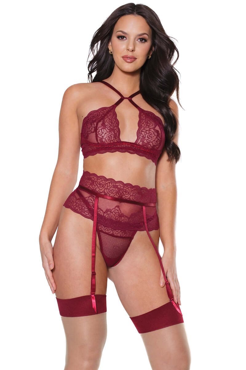 Pinot Noir Bra Garter Belt & Thong Set Red Front