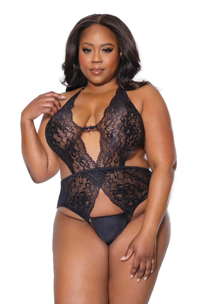 Deep Plunge Lace Open-Front Teddy Plus Size Black Front