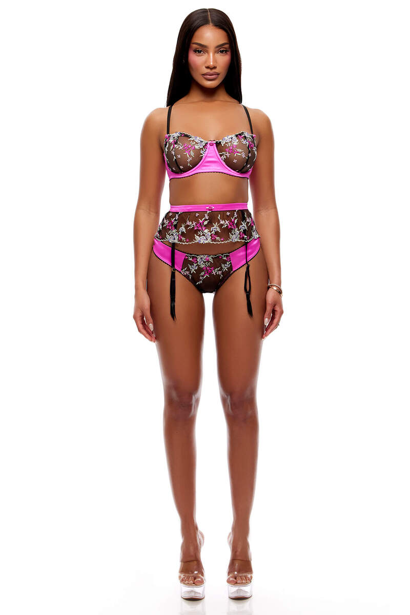 In Full Bloom Embroidered Floral Lace Set Hot Pink Black Front