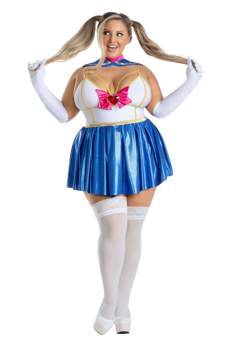 Plus Size Anime School Girl Costume White Purple Front Posing