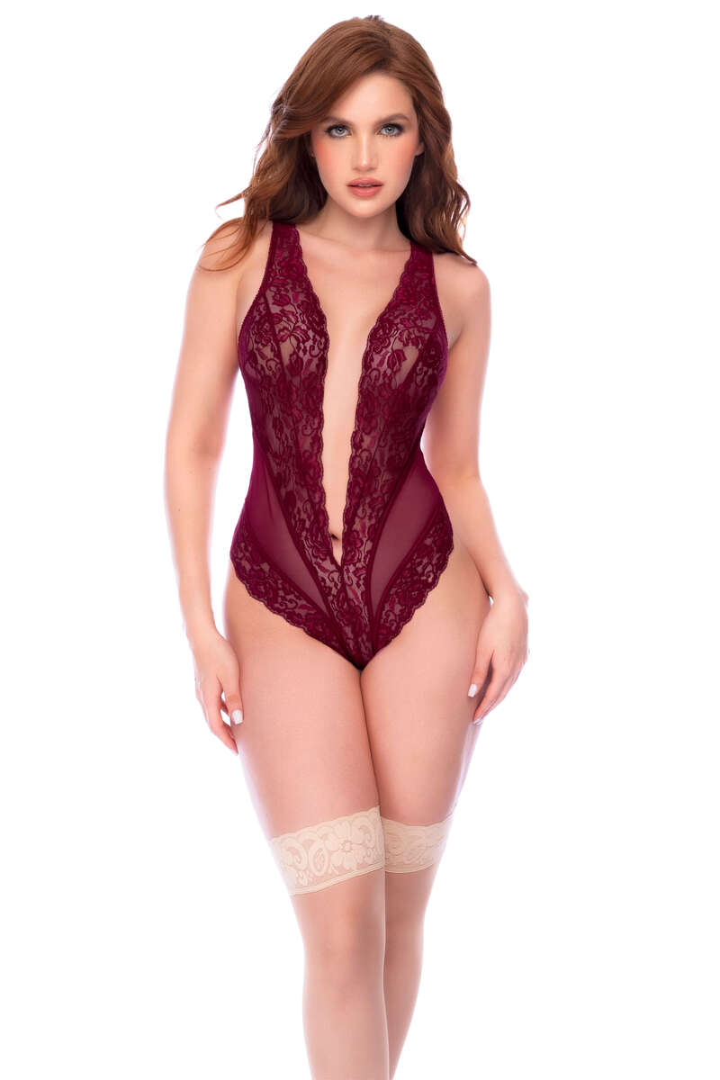 Open Back Lace Plunge Teddy Burgundy Front