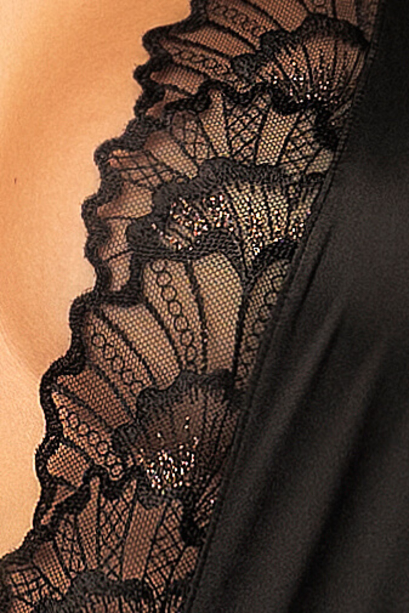 Midnight Plunge Satin Romper Black Lace Closeup