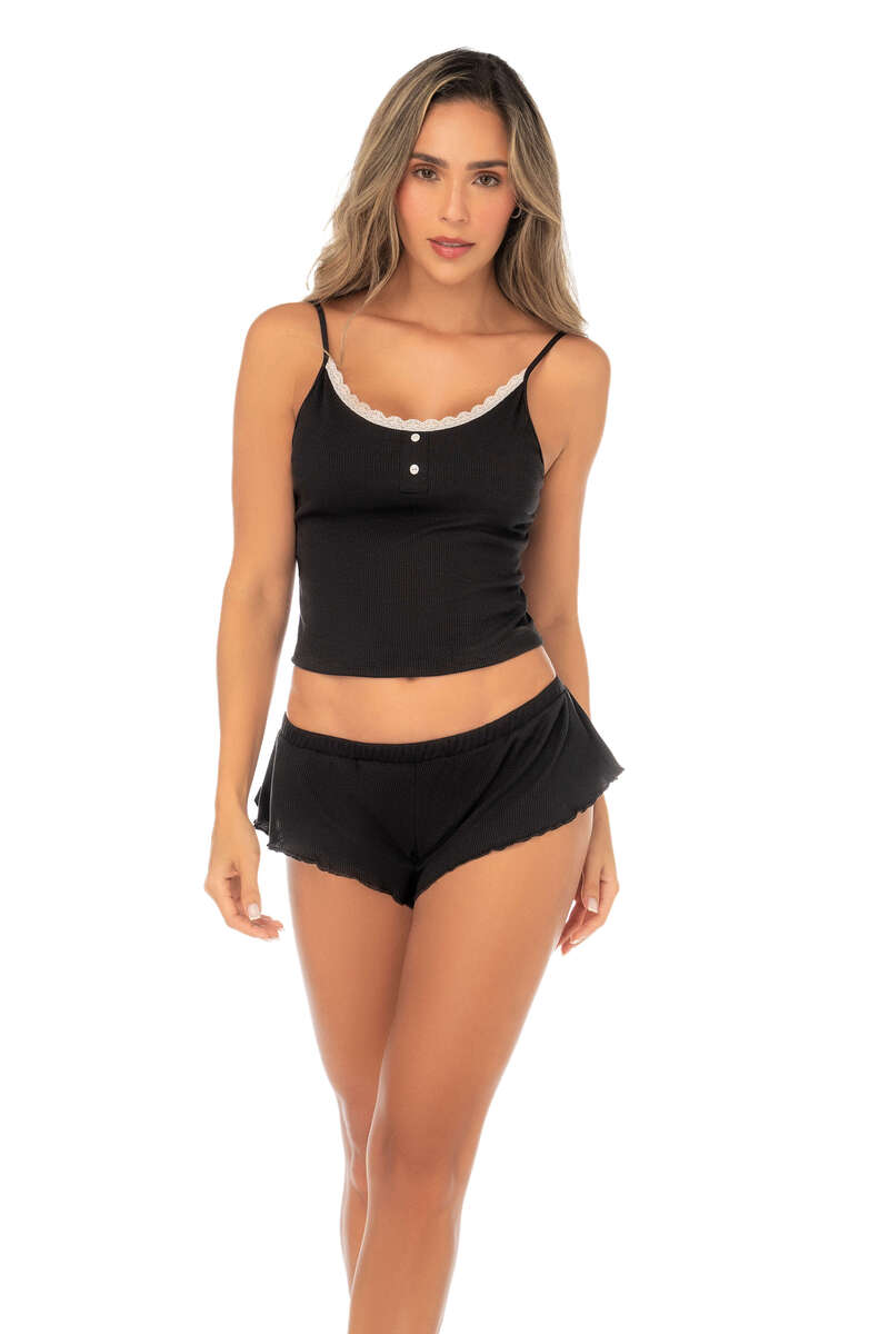 Ruffle & Lace Cami Pajama Set Black Front