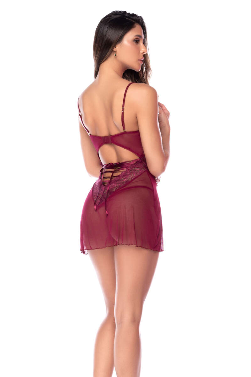 Cherry Wine Lace Babydoll Set Burgundy Back