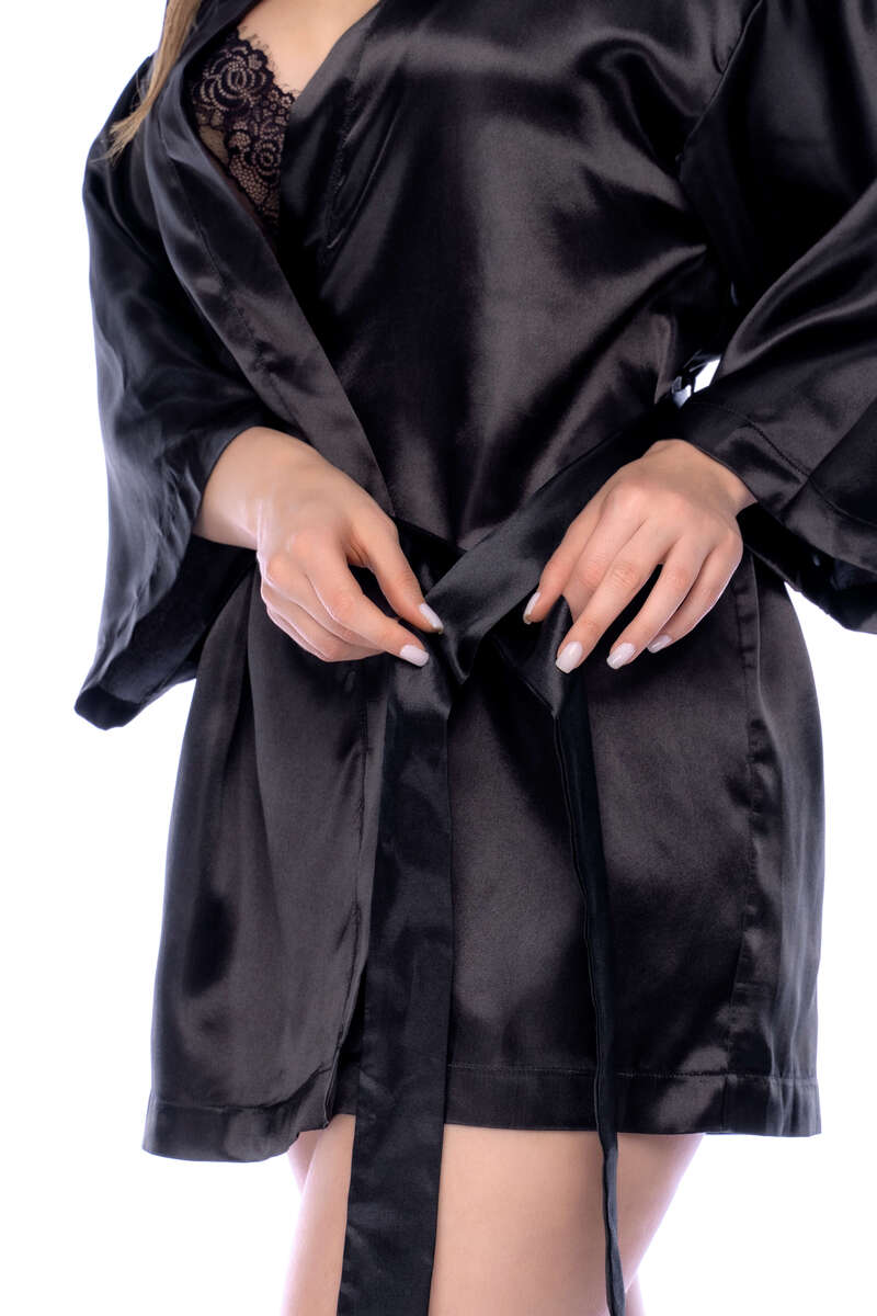After Hours Satin Robe Black Front Closeup