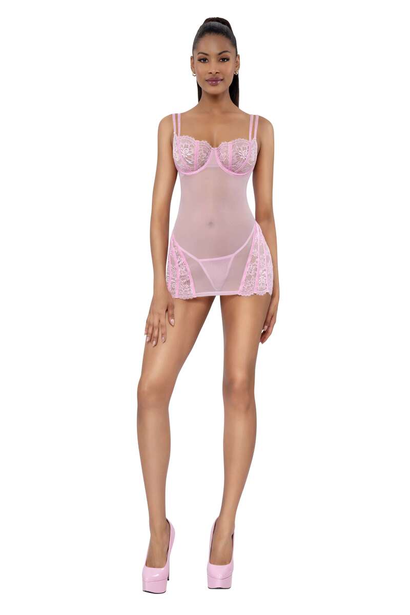 Sheer Illusion Chemise Set Pink Front
