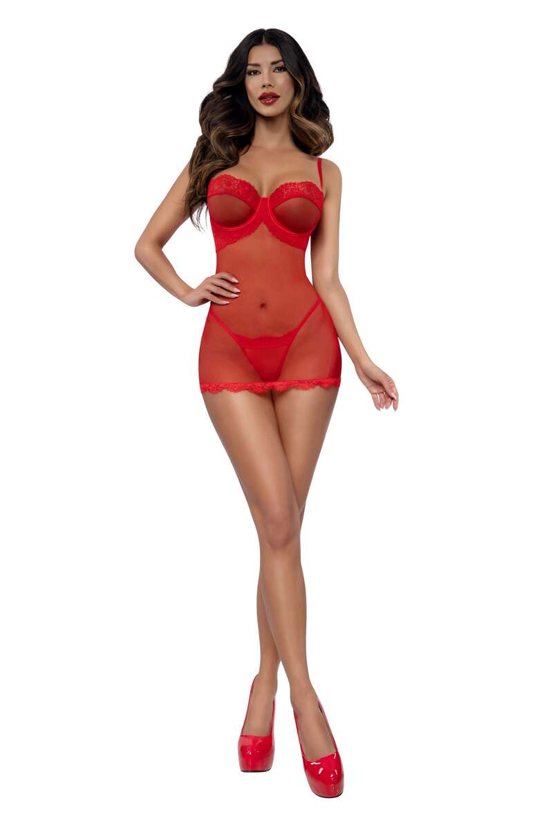 Red Mesh Underwire Babydoll Set Red Front