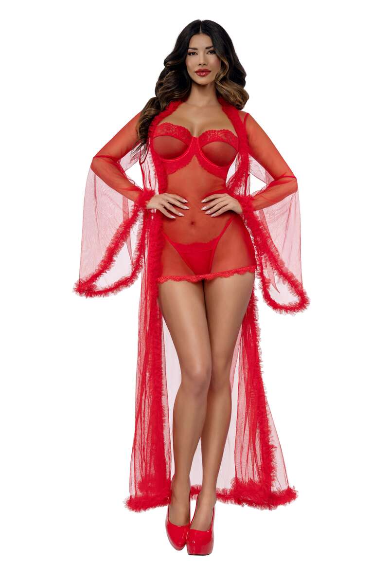 Red Mesh Underwire Babydoll Set Red Front with Robe