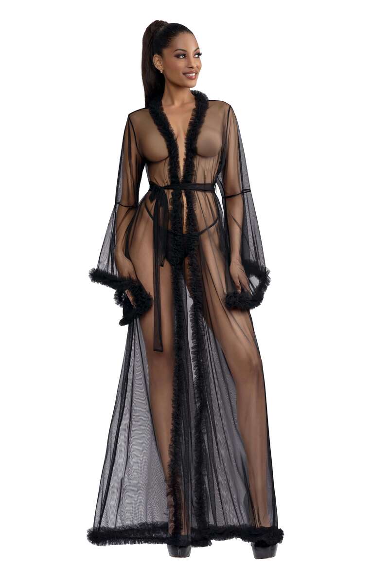 Feather Trim Sheer Mesh Robe Black Front