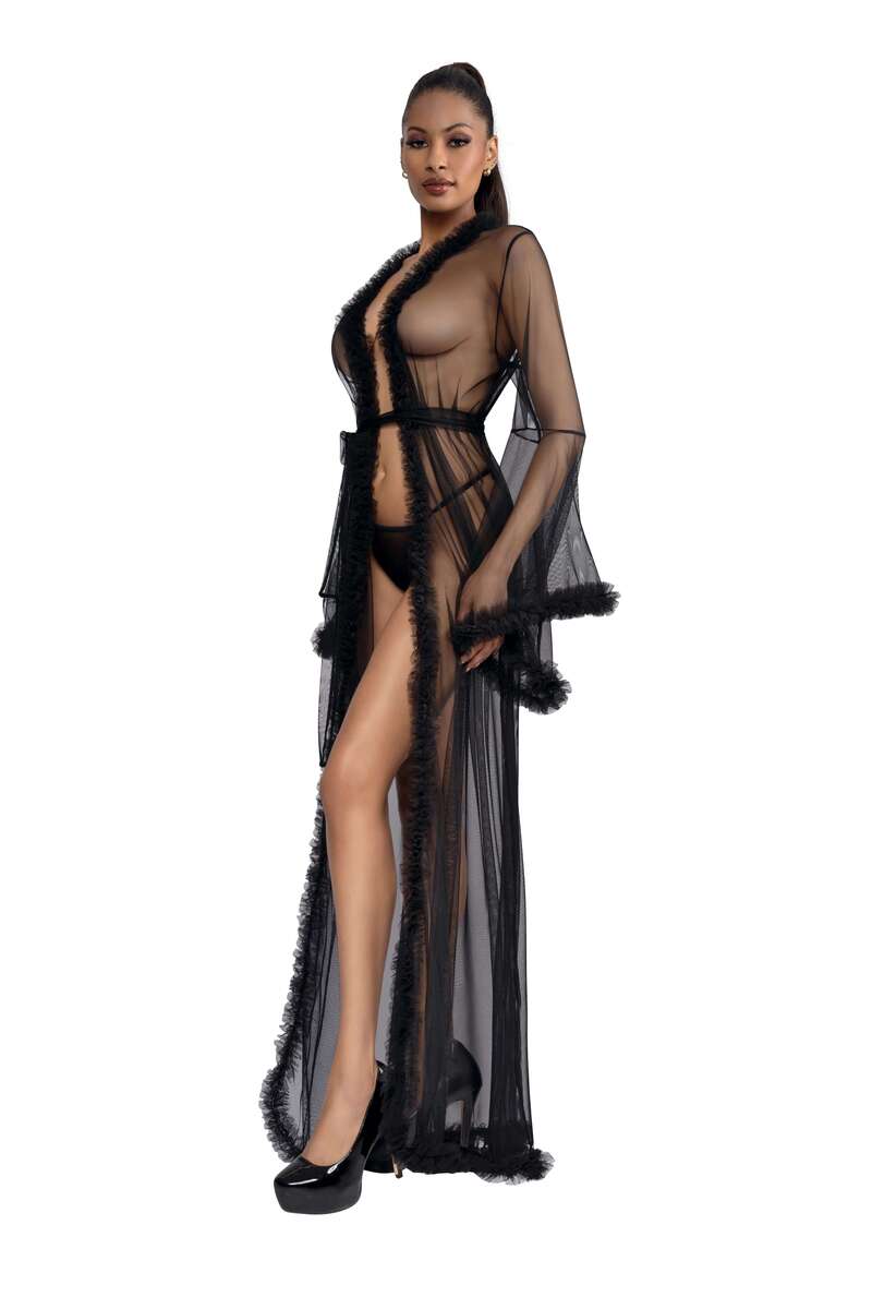 Feather Trim Sheer Mesh Robe Black Side