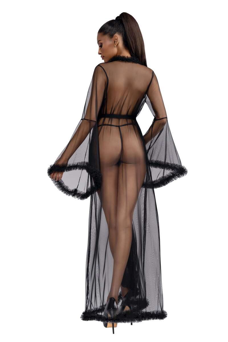 Feather Trim Sheer Mesh Robe Black Back